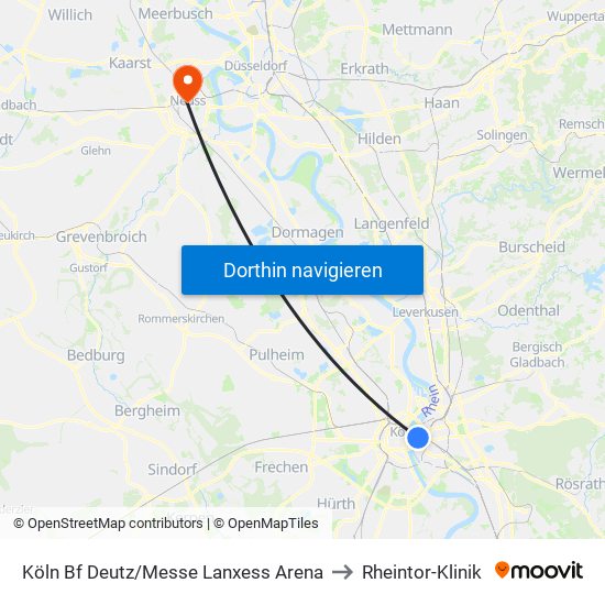 Köln Bf Deutz/Messe Lanxess Arena to Rheintor-Klinik map