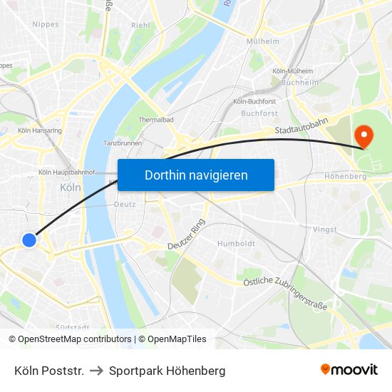 Köln Poststr. to Sportpark Höhenberg map