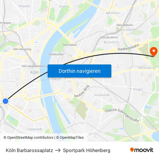 Köln Barbarossaplatz to Sportpark Höhenberg map