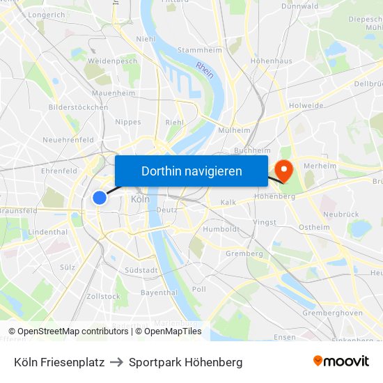 Köln Friesenplatz to Sportpark Höhenberg map