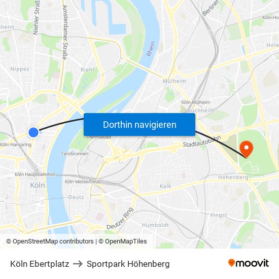 Köln Ebertplatz to Sportpark Höhenberg map