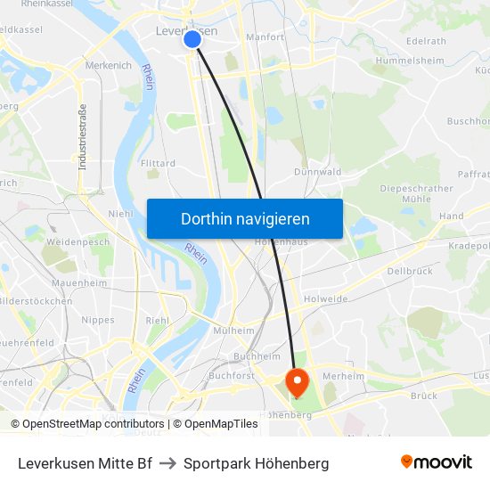 Leverkusen Mitte Bf to Sportpark Höhenberg map