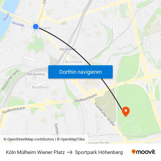 Köln Mülheim Wiener Platz to Sportpark Höhenberg map