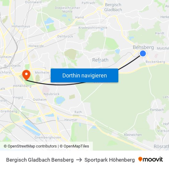 Bergisch Gladbach Bensberg to Sportpark Höhenberg map