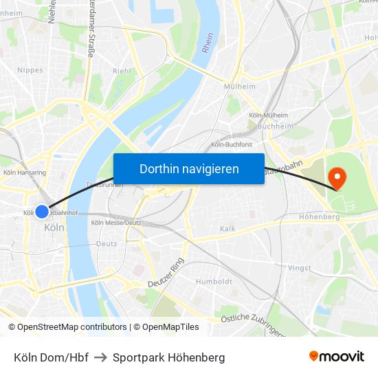 Köln Dom/Hbf to Sportpark Höhenberg map