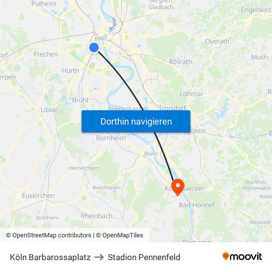 Köln Barbarossaplatz to Stadion Pennenfeld map