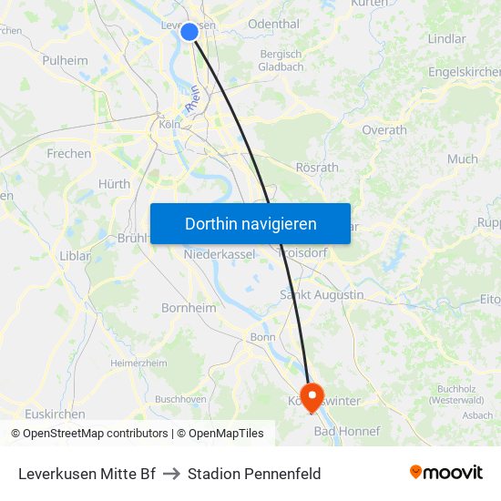 Leverkusen Mitte Bf to Stadion Pennenfeld map
