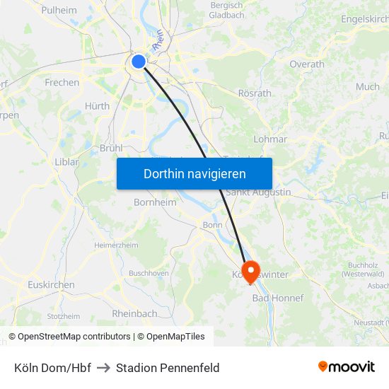 Köln Dom/Hbf to Stadion Pennenfeld map