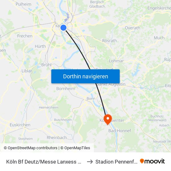Köln Bf Deutz/Messe Lanxess Arena to Stadion Pennenfeld map
