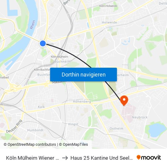 Köln Mülheim Wiener Platz to Haus 25 Kantine Und Seelsorge map