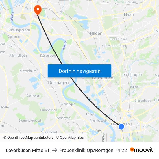 Leverkusen Mitte Bf to Frauenklinik Op/Röntgen 14.22 map