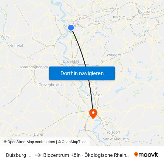Duisburg Hbf to Biozentrum Köln - Ökologische Rheinstation map