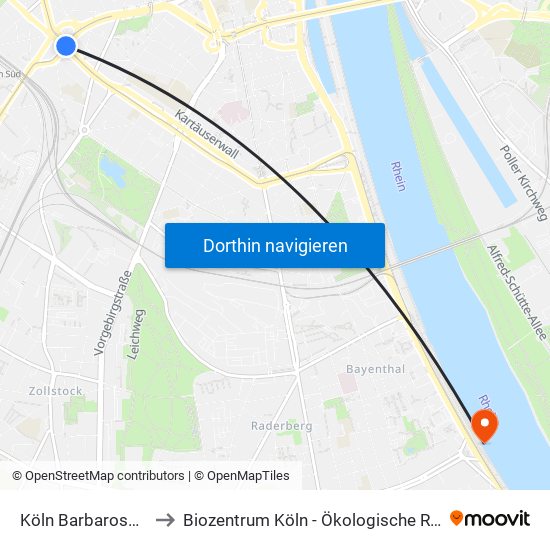 Köln Barbarossaplatz to Biozentrum Köln - Ökologische Rheinstation map