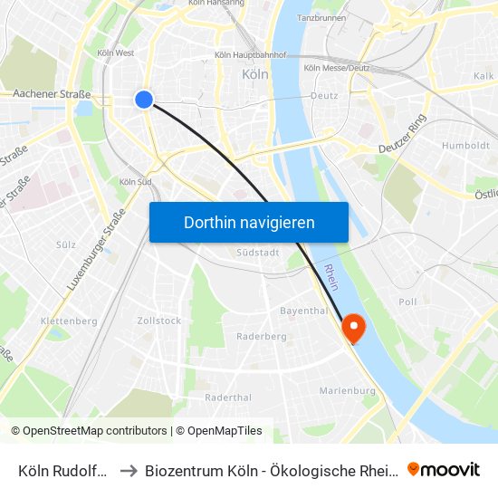 Köln Rudolfplatz to Biozentrum Köln - Ökologische Rheinstation map