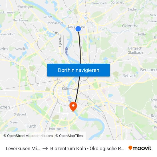 Leverkusen Mitte Bf to Biozentrum Köln - Ökologische Rheinstation map