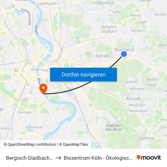 Bergisch Gladbach Bensberg to Biozentrum Köln - Ökologische Rheinstation map