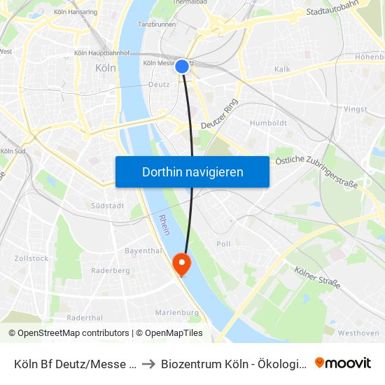 Köln Bf Deutz/Messe Lanxess Arena to Biozentrum Köln - Ökologische Rheinstation map