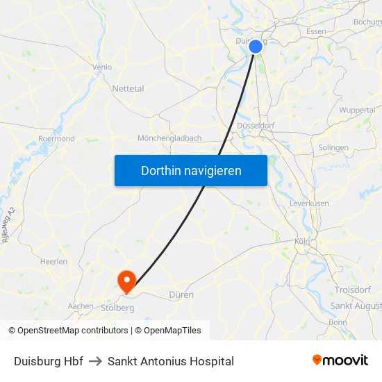 Duisburg Hbf to Sankt Antonius Hospital map