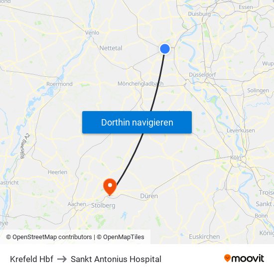 Krefeld Hbf to Sankt Antonius Hospital map