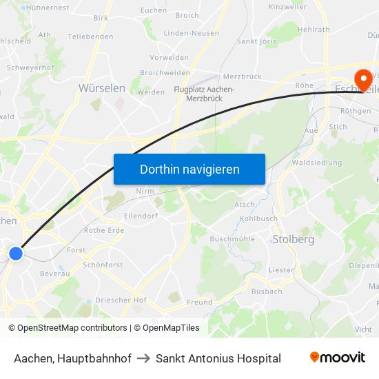 Aachen, Hauptbahnhof to Sankt Antonius Hospital map