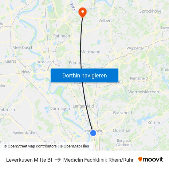 Leverkusen Mitte Bf to Mediclin Fachklinik Rhein/Ruhr map