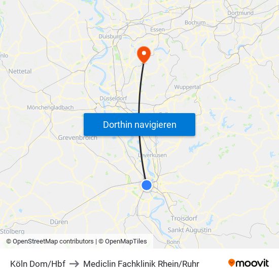 Köln Dom/Hbf to Mediclin Fachklinik Rhein/Ruhr map