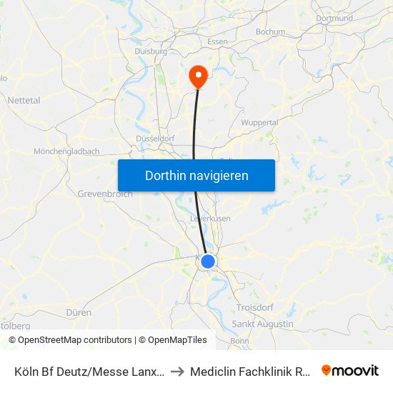 Köln Bf Deutz/Messe Lanxess Arena to Mediclin Fachklinik Rhein/Ruhr map