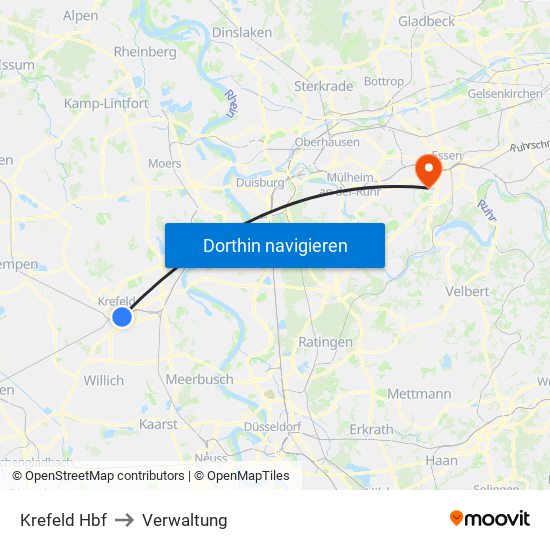 Krefeld Hbf to Verwaltung map