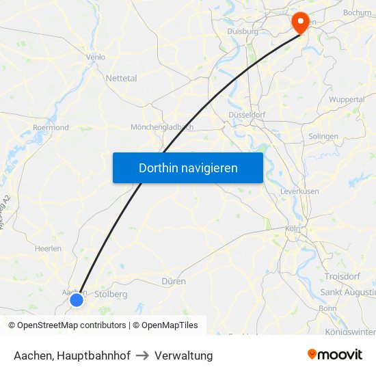 Aachen, Hauptbahnhof to Verwaltung map