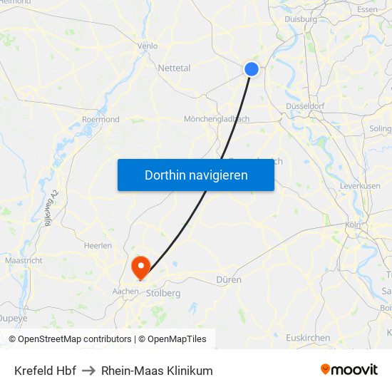 Krefeld Hbf to Rhein-Maas Klinikum map