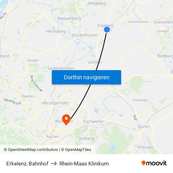 Erkelenz, Bahnhof to Rhein-Maas Klinikum map