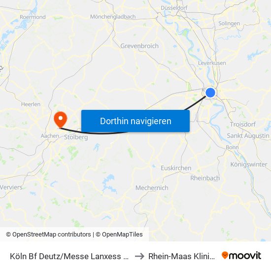 Köln Bf Deutz/Messe Lanxess Arena to Rhein-Maas Klinikum map