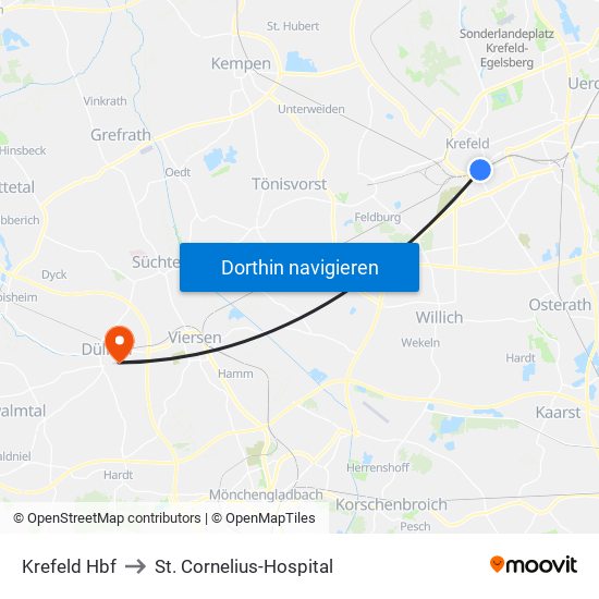 Krefeld Hbf to St. Cornelius-Hospital map