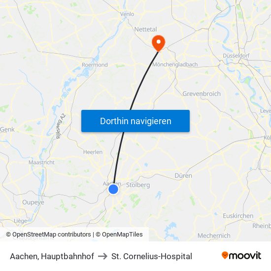 Aachen, Hauptbahnhof to St. Cornelius-Hospital map