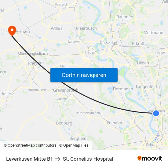 Leverkusen Mitte Bf to St. Cornelius-Hospital map