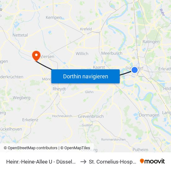 Heinr.-Heine-Allee U - Düsseldorf to St. Cornelius-Hospital map