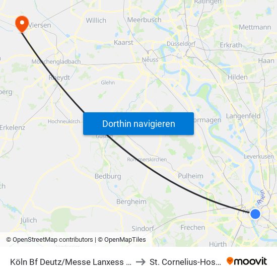 Köln Bf Deutz/Messe Lanxess Arena to St. Cornelius-Hospital map