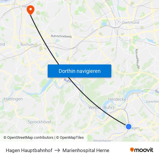 Hagen Hauptbahnhof to Marienhospital Herne map