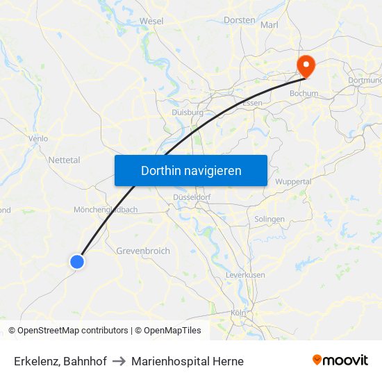 Erkelenz, Bahnhof to Marienhospital Herne map