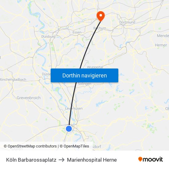 Köln Barbarossaplatz to Marienhospital Herne map