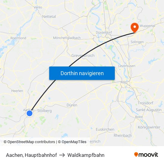 Aachen, Hauptbahnhof to Waldkampfbahn map