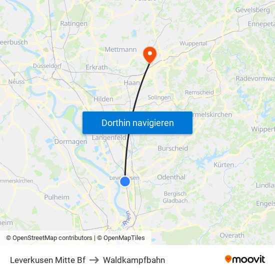 Leverkusen Mitte Bf to Waldkampfbahn map