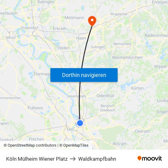 Köln Mülheim Wiener Platz to Waldkampfbahn map