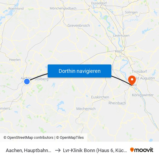 Aachen, Hauptbahnhof to Lvr-Klinik Bonn (Haus 6, Küche) map