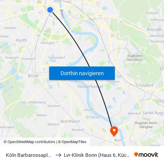 Köln Barbarossaplatz to Lvr-Klinik Bonn (Haus 6, Küche) map