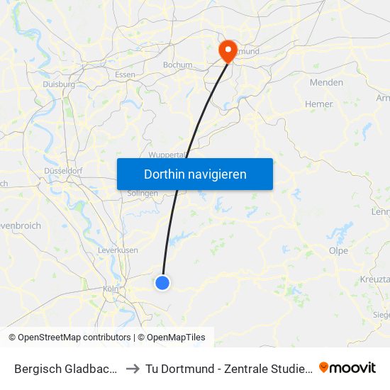 Bergisch Gladbach Bensberg to Tu Dortmund - Zentrale Studienberatung (Zsb) map