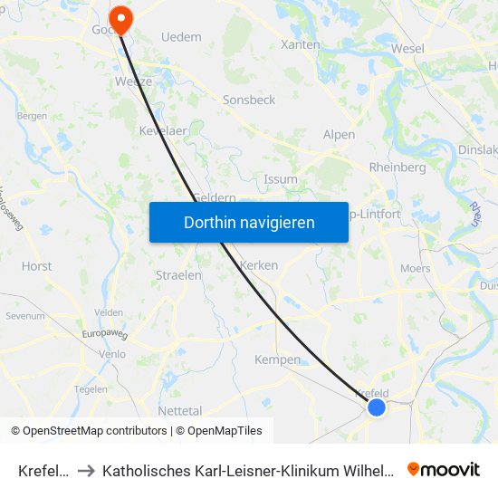 Krefeld Hbf to Katholisches Karl-Leisner-Klinikum Wilhelm-Anton-Hospital Goch map