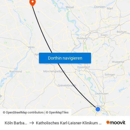 Köln Barbarossaplatz to Katholisches Karl-Leisner-Klinikum Wilhelm-Anton-Hospital Goch map