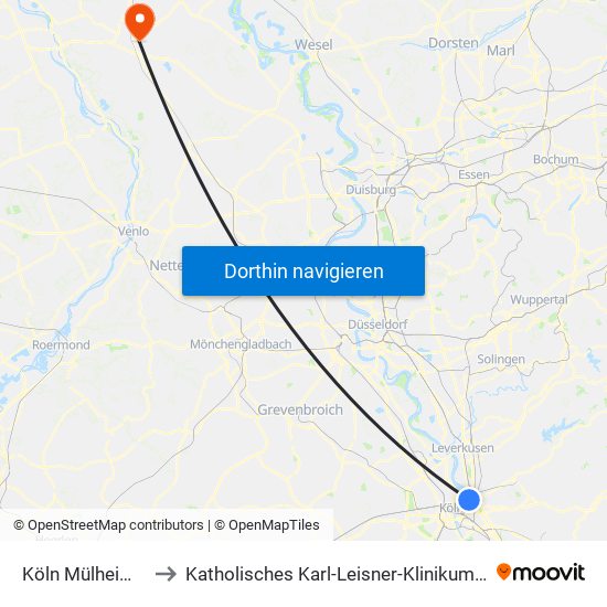 Köln Mülheim Wiener Platz to Katholisches Karl-Leisner-Klinikum Wilhelm-Anton-Hospital Goch map