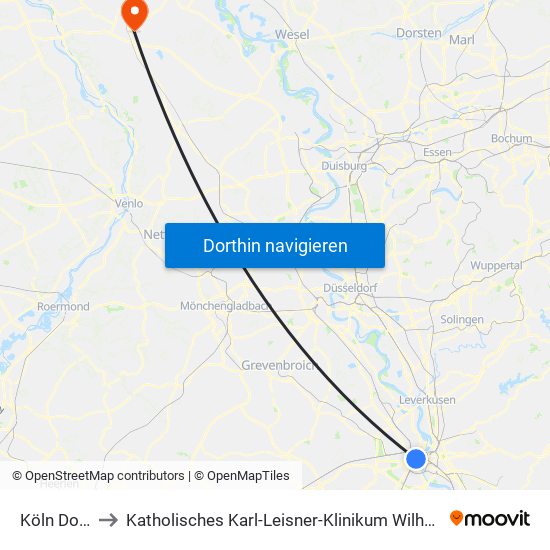 Köln Dom/Hbf to Katholisches Karl-Leisner-Klinikum Wilhelm-Anton-Hospital Goch map